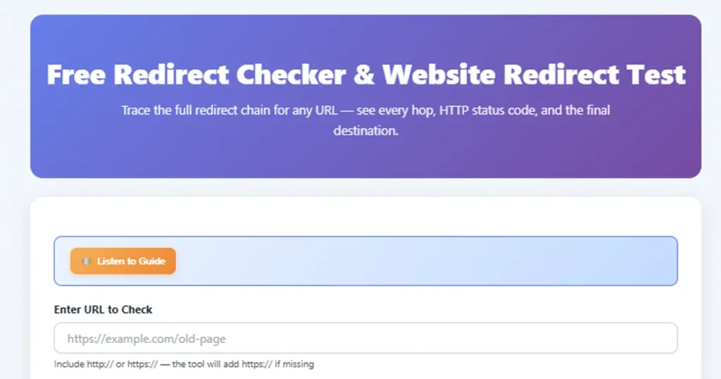 Free Redirect Checker tool showing website redirect test and 301 vs 302 status codes